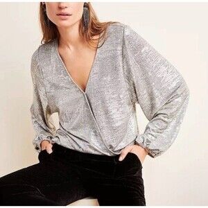 Anthropologie Size S Silver Metallic Carys Dolman Wrap Top Blouse NYE New Year